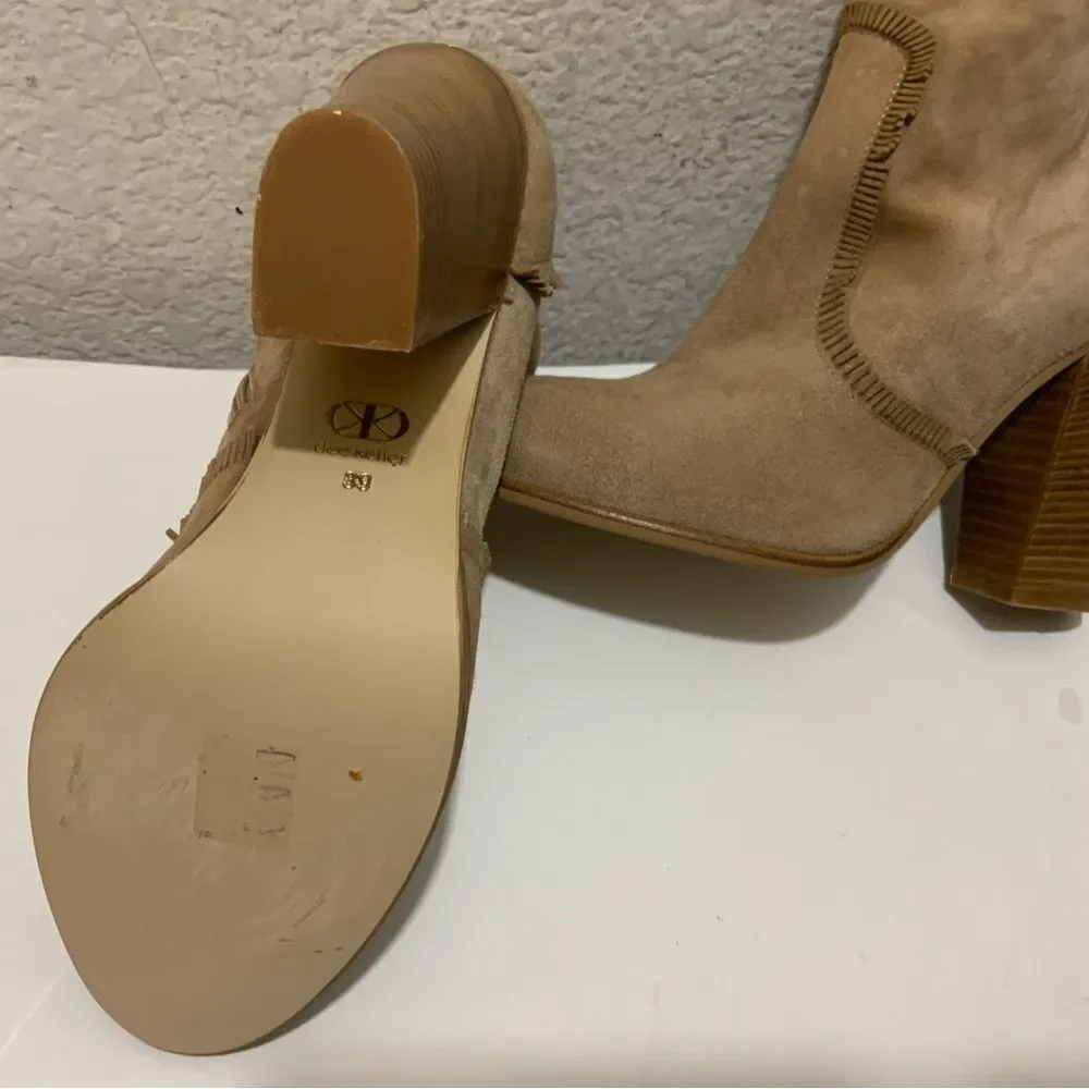 New Dee Keller Tan Suede Mini Fringe Details Ankle Boots Side Zip US 9 EU 39